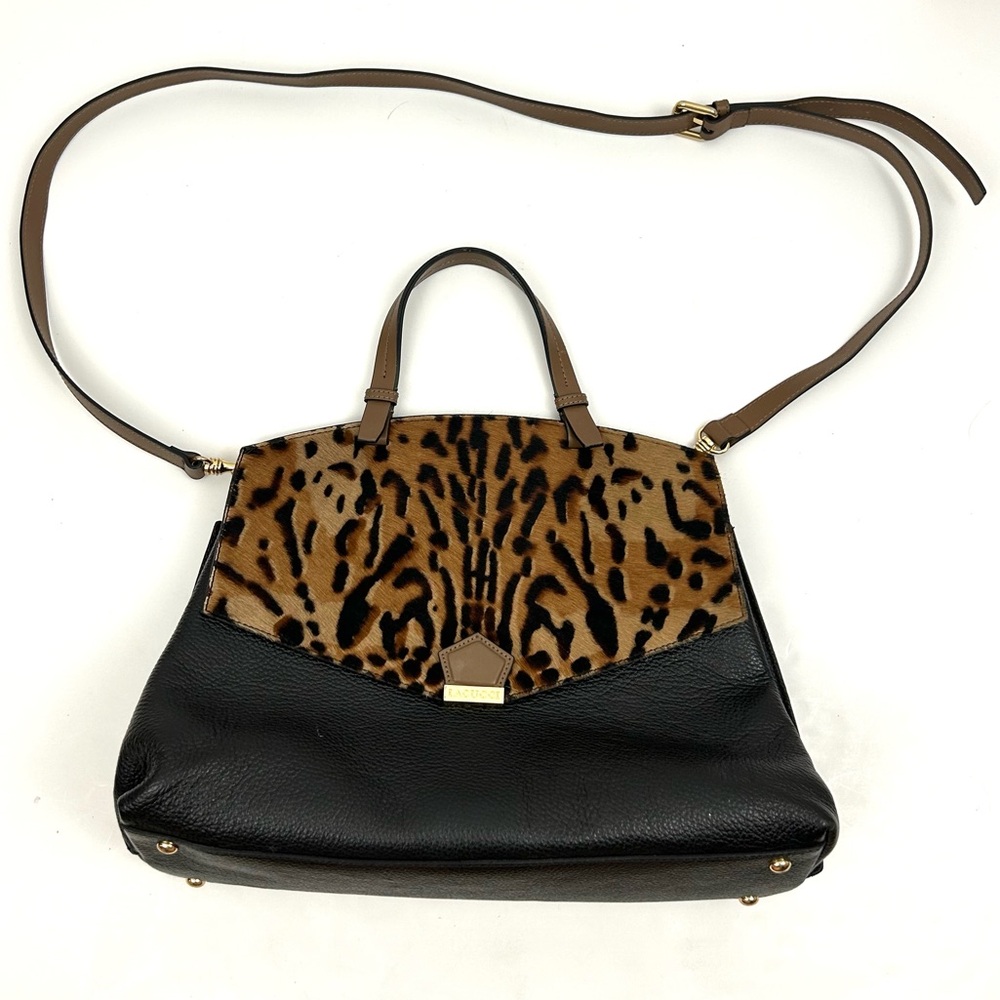 IACUCCI Pony Hair Handbag Convertible Satchel Leopard& Black Italian Leather